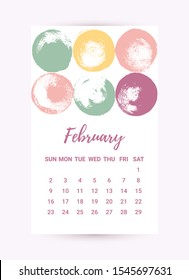 Cute Hand drawn Calendar 2020. February month. Creative Pastel color design template with messy ink grunge texture. Week starts Sunday. Monochrome minimal style. Vector flyer layout, brochure, frame