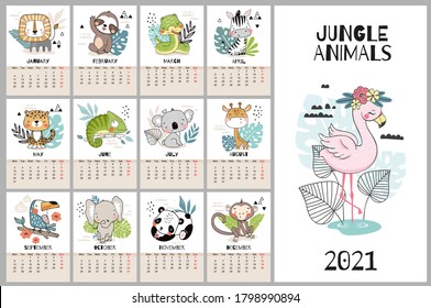 Calendario corto dibujado a mano para 2021 con caracteres animales de la jungla. León, cebra, serpiente, leopardo, iguana, koala, jirafa, tocan, elefante, panda, mono, pereza. Cartel estilo Doodle. Iconos aislados.