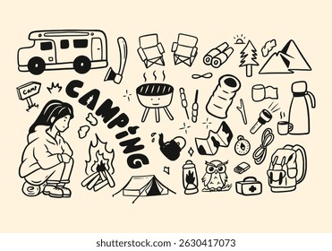 Cute hand drawn Camping Adventure Illustration Doodles