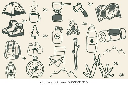 Cute Hand Drawn Camping Doodle Collection, Outdoor Adventure Sketch Set, Simple Line Art, Hiking Equipment Icons, Nature Camp Clipart, Minimal Cartoon Illustration Bundle