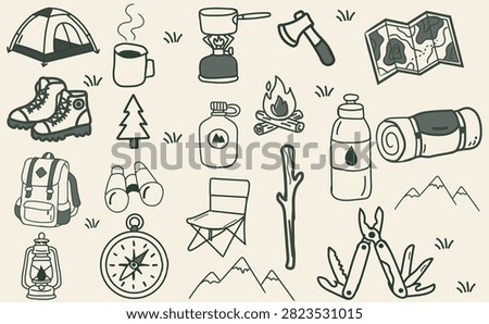 Cute Hand Drawn Camping Doodle Collection, Outdoor Adventure Sketch Set, Simple Line Art, Hiking Equipment Icons, Nature Camp Clipart, Minimal Cartoon Illustration Bundle