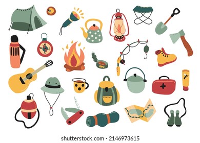 Cute handgezeichnet Campingplatz Set. Weißer Hintergrund, einzeln. Vektorgrafik.
