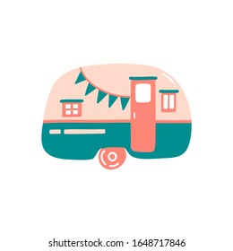 Cute hand drawn camping trailer, mobile home isolated on white background. Tourism, summer, travelling concept. Hand drawn flat vector illustration in cartoon style. Sticker, icon, decorative element.