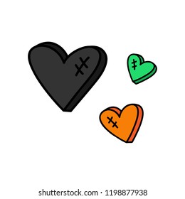 Cute hand drawn candy heart vector illustrations. Halloween spooky black, orange and green candy hearts, isolated.