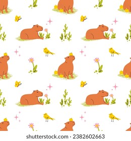 Frisch gezeichnete Capybara-Kindermuster. Kinderhintergrund mit Capybara, Vogel, Blume. Farbige, moderne Vektorgrafik.