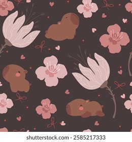 Cute hand drawn capybaras , pink flowers and hearts on black background. Seamless pattern with animals, flowers and hearts  for Valentine's Day.