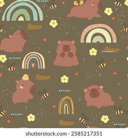 Cute hand drawn capybaras, rainbows, flowers, hearts and bees on green background. Seamless patern with animals, vector illustration.