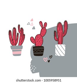 Cute hand drawn card with cactus. Cartoon style vector illustration in pastel theme. Collection of cactuses in flower pots.