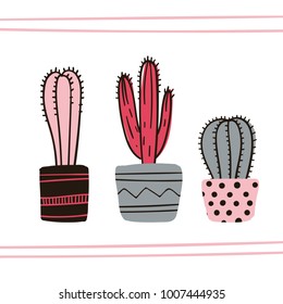 Cute hand drawn card with cactus. Cartoon style vector illustration in pastel theme. Collection of cactuses in flower pots.
