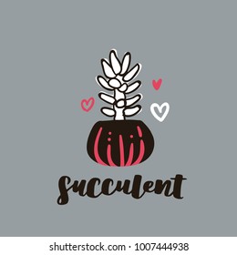 Cute hand drawn card with cactus and hearts. Cartoon style vector illustration in modern color theme. Succulent in flower pot.