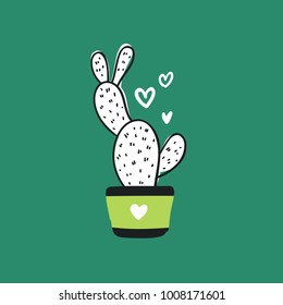 Cute hand drawn card with cactus and hearts. Cartoon style vector illustration in modern color theme. Cactus in flower pot.