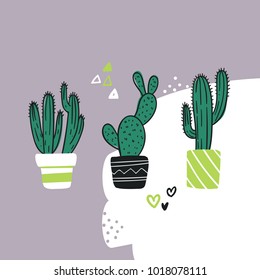 Cute hand drawn card with cactus. Cartoon style vector illustration in pastel theme. Collection of cactuses in flower pots.