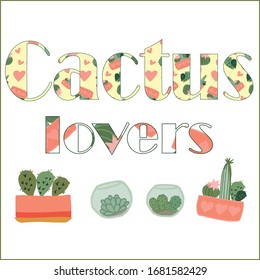 Cute hand drawn card with cactuses and lettering Cactus Lovers. Cartoon style vector illustration in modern color theme. design with pattern.