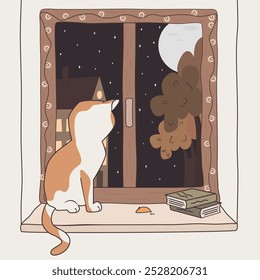 cute hand drawn card with cartoon white and orange cat at the window in a starry night flat vector illustration