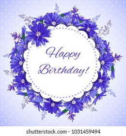 Süß Handgezeichnete Karte mit Zichorie Blumen Kranz. Alles Gute zum Geburtstag. Frühling Sommer Dekorrahmen. Vektorgrafik