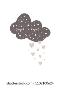 Cute hand drawn card with cloud and hearts. Modern stylish kids poster. Scandinavian style. Vector illustration. Perfect for children, baby, nursery designs and prints.