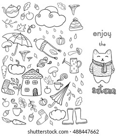 Cute Hand Drawn Card. Coloring Page. Vector Autumn Icons.