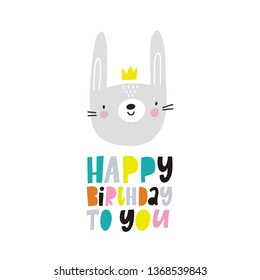 Cute hand drawn card with happy animals and lettering. Birthday vector print