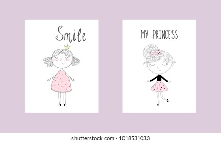 Cute hand drawn card with cute little girl. Printable template.