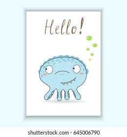 Cute hand drawn card with monsters cartoon style. Printable template