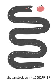 Cute hand drawn card, postcard, poster with white black snake trying to eat apple. Funny background for kids