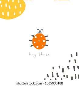 Cute hand drawn card, postcard, background with ladybird, abstract elements. Funny poster for kids