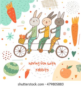 Cute hand drawn card, postcard with rabbits, bike, carrot, cabbage, apple, cloud, flowers, hearts, polka dots, abstract elements. Background, cover for children in cartoon style