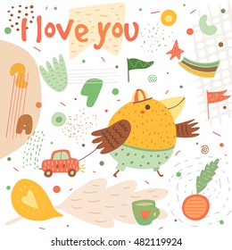 Cute hand drawn card, postcard with rabbits, bike, carrot, cabbage, apple, cloud, flowers, hearts, polka dots, abstract elements. Background, cover for children in cartoon style