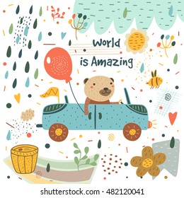 Cute hand drawn card, postcard with bear, car, balloon, rain drops, bee, honey barrel, flag, cloud, flowers, hearts, polka dots, abstract elements. Background, cover for children in cartoon style