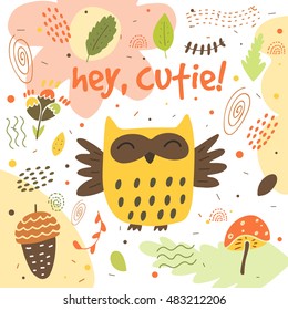 Cute hand drawn card, postcard with owl, acorn, mushroom, leaf, flower, forest plants polka dots, abstract elements. Background, cover for children in cartoon style