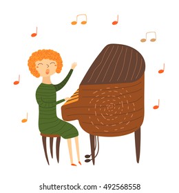 Cute hand drawn card, postcard with music teacher playing piano. Red haired woman sitting on chair and singing. Background for musical school, classes, education. 