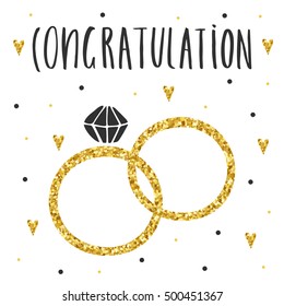 Cute hand drawn card, postcard with marriage rings, hearts, polka dots. Background with congratulation lettering quote