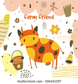 Cute hand drawn card, postcard with cow, flowers, bucket, bell, dragonfly, polka dots, abstract elements. Background, cover for children in cartoon style