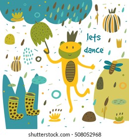 Cute hand drawn card, postcard with frog, swamp, rubber boots, rain, umbrella, water lily, plants, flowers, hearts, polka dots, abstract elements. Background, cover for children in cartoon style