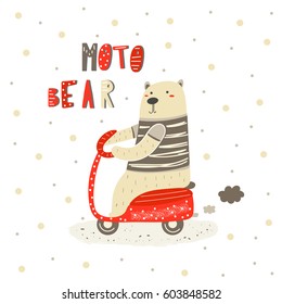 Cute hand drawn card, postcard with white polar bear riding motorcycle. Background, cover for children in cartoon style with lettering quote moto bear