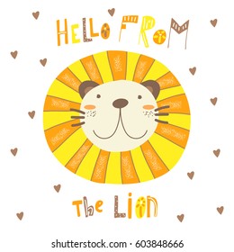 Cute hand drawn card, postcard with lion, hearts, lettering quote hello from the lion. Background, cover for children in cartoon style