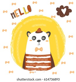 Cute hand drawn card, postcard with hipster panda in glasses with bow tie, heart, lettering quote hello. Background, cover for children in cartoon style