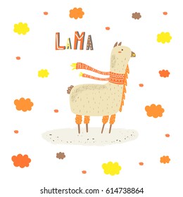 Cute hand drawn card, postcard with clouds, lama with scarf. Background, cover for children in cartoon style