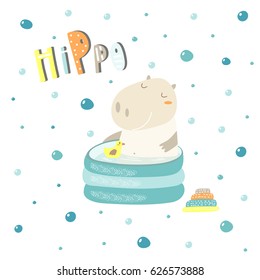 Cute hand drawn card, postcard with hippo in swimming pool with yellow duck. Background, cover for children with bubbles in cartoon style with lettering quote hippo