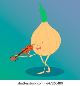 Cute hand drawn card, postcard with onion and violin. Background, cover design notebook for children in cartoon style