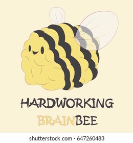 Cute hand drawn card, postcard with brain bee. Background, cover design notebook for children in cartoon style