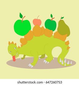 Cute hand drawn card, postcard with dinosaurs, fruits and vegetables. Background, cover design notebook for children in cartoon style