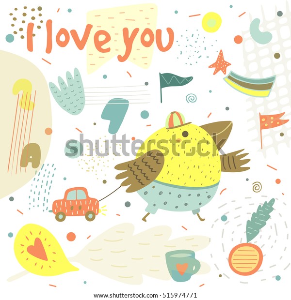 Cute hand\
drawn card, postcard with chicken, car, star, cup, numbers,\
letters,, flowers, hearts, polka dots, abstract elements.\
Background, cover for children in cartoon\
style