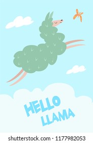 Cute hand drawn card or a poster with a cartoon llama. Vector illustration with text hello llama.
