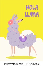 Cute hand drawn card or a poster with a cartoon llama. Vector illustration with text hola llama.