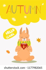 Cute hand drawn card or a poster with a cartoon llama. Vector illustration with text.