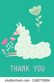 Cute hand drawn card or a poster with a cartoon llama. Vector illustration with text.