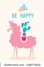 Cute hand drawn card or a poster with a cartoon llama. Vector illustration with text.