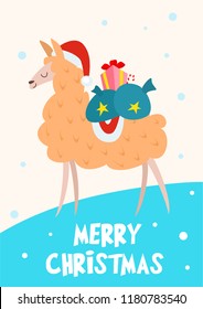 Cute hand drawn card or a poster with a cartoon llama. Vector illustration with text.