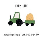 A cute hand drawn card. Cute tractor and handwritten text. Vector illustration isolated on a white background